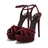Advbridge New Platform Crossed Velvet Sandals Lady Ankle Strap Stiletto High Heels Dress Shoes Woman Peep Toe Cut out Party Sandal