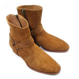 Advbridge Tan/Black Suede Leather Chains Harness Buckle Men Boots Stacked Heel Anke Boots Side Zip Men Fashion Boots Men Shoes