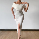 Advbridge Short Sleeve Slash Neck Bodycon Ribbed Dress Women Autumn Spring Fashion Solid Slim Split Casual Midi Female Clothing