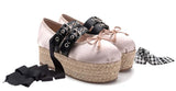 Advbridge Girl's Bowtie Rope Braided Platform Silk Ballet Flats Shoes Woman Double Buckle Graid Riband Bandage Round Toe Fishman Shoes