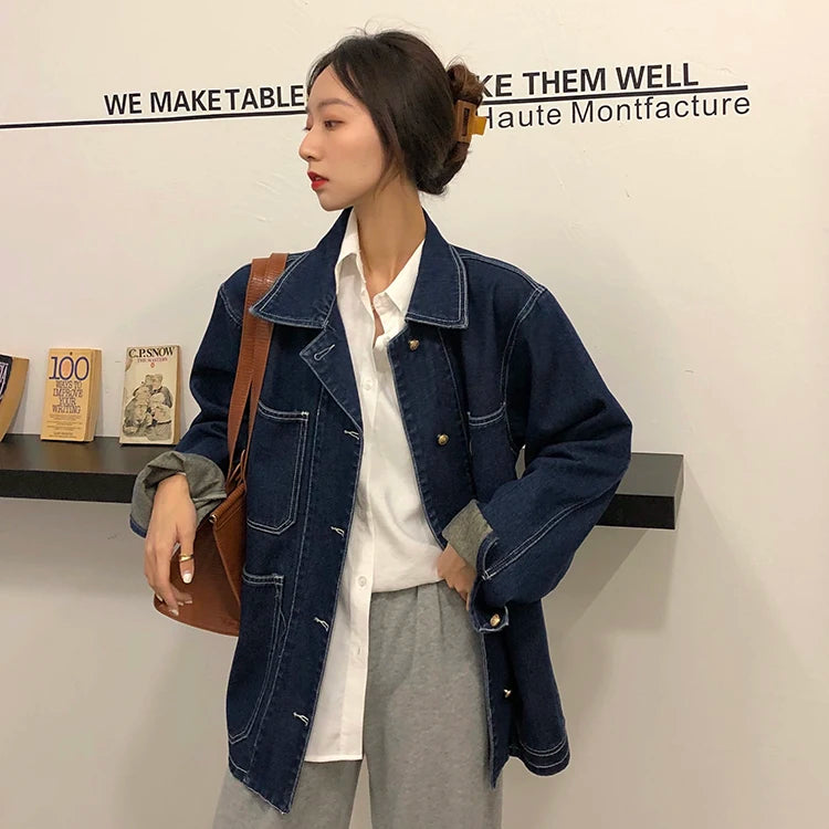 Advbridge  -  Women's casual Jean Coats autumn Women loose Vintage Blue Denim Jacket Long Sleeve Loose Female Girls Outwear coats (78518)