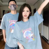 guy outfits 2024 New Short Sleeve  Couple's T-shirt Light Blue Summer Half Sleeve Summer High Sense Suit Ins