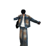 frat outfits American Style Waste Soil Denim Jacket Men's Japanese Retro Loose Straight Washed Distressed Denim Trousers Suit