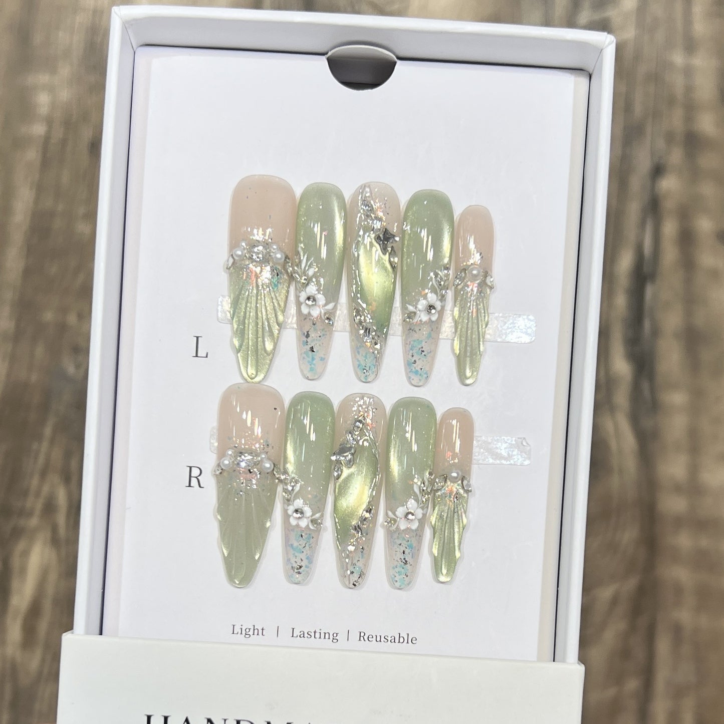 Starlight Greenery - Luxury Handmade Press-On Nails | Glossy Glass Cat-Eye French Glitter Fake Nails (10-Piece Set)