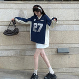 ins styles Street V-neck American Sports Contrast Color Sweater Spring and Autumn Women's Gray Stitching Letter Printed Elastic Top