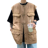 masc outfits Retro Multi-Pocket Workwear Vest Men's Japanese Style Loose National Fashion Functional BF Style Casual Waistcoat