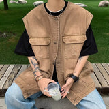 masc outfits Retro Multi-Pocket Workwear Vest Men's Japanese Style Loose National Fashion Functional BF Style Casual Waistcoat