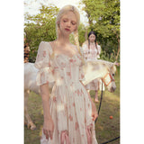 pop culture dress to impress Lacemade Rose  Pink Floral Fishbone Dress Women's Summer French V-neck Printed Dress