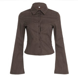 2000s fashion Urban Style Polo Collar Buckle Striped Bell Sleeve Shirt Elegant Commuter Waist Slimming Versatile Short Top