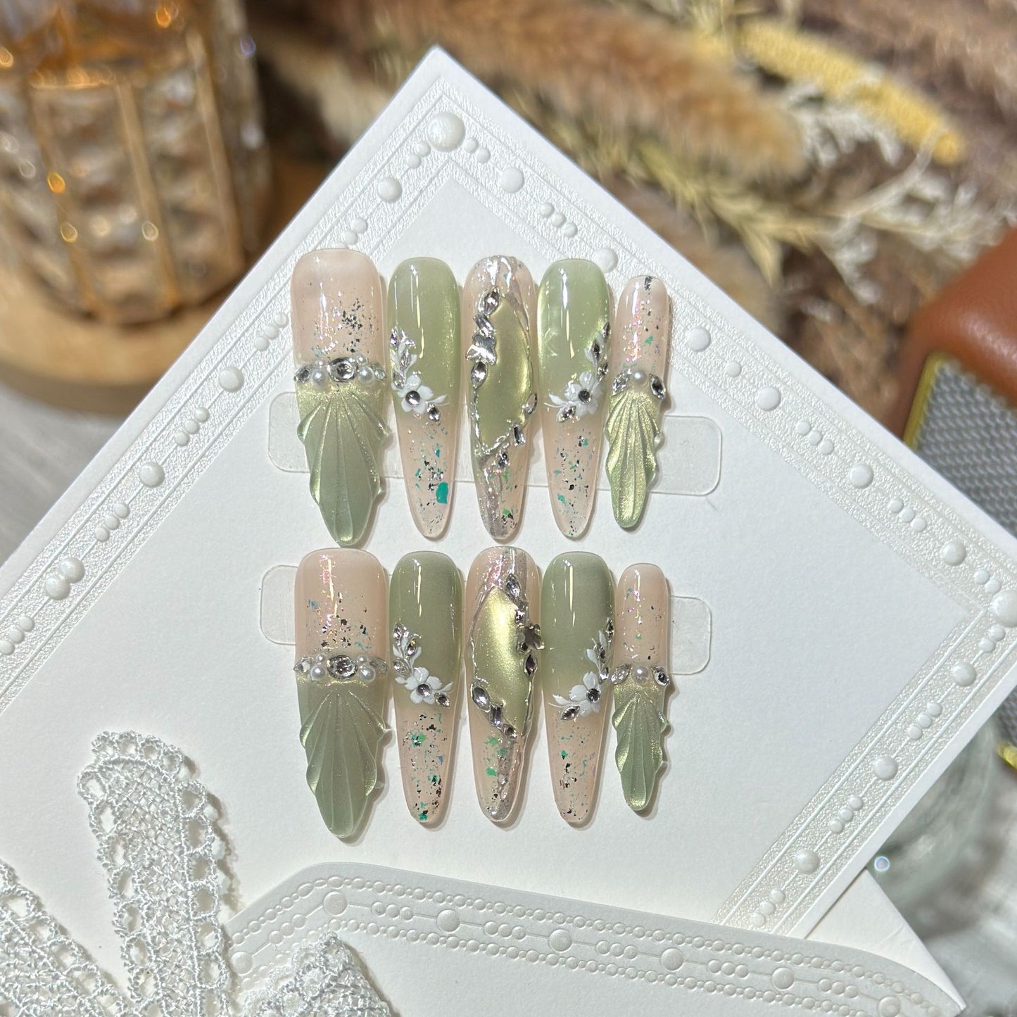 Starlight Greenery - Luxury Handmade Press-On Nails | Glossy Glass Cat-Eye French Glitter Fake Nails (10-Piece Set)