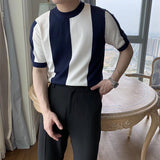 men fall outfits Fashionable New Striped Ice Silk Short-Sleeved T-shirt Casual Simple Slim Men's Top Clothes Trendy Sweater