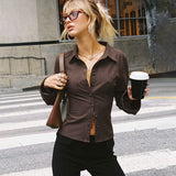 2000s fashion Urban Style Polo Collar Buckle Striped Bell Sleeve Shirt Elegant Commuter Waist Slimming Versatile Short Top