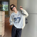 ins styles Street V-neck American Sports Contrast Color Sweater Spring and Autumn Women's Gray Stitching Letter Printed Elastic Top