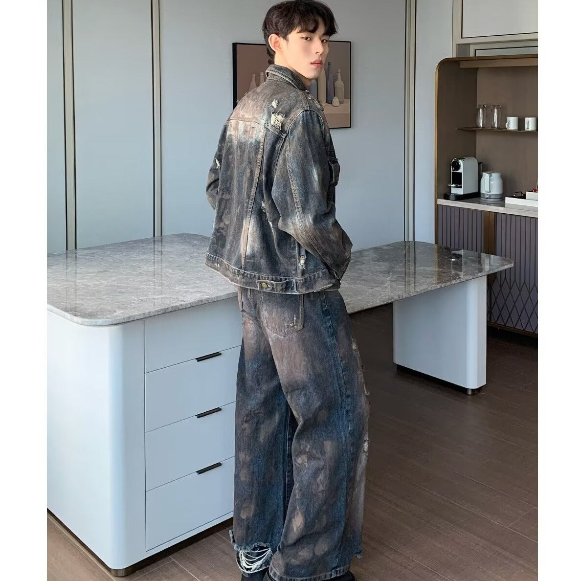 frat outfits Autumn 2024 Paint Distressed Denim Jacket Ripped Denim Trousers Men's Loose Suit American Men's Clothing