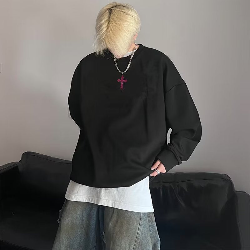 non binary outfits American Fashion Dark Style High Street Loose round Neck Sweater Design Cross Print Niche Pullover Top Clothes