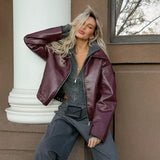 moto jacket outfit Retro Motorcycle Style Wine Red Leather Coat for Women 2024 Autumn Fashionable Matte Leather Jacket Coat for Women