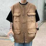 masc outfits Retro Multi-Pocket Workwear Vest Men's Japanese Style Loose National Fashion Functional BF Style Casual Waistcoat