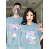 guy outfits 2024 New Short Sleeve  Couple's T-shirt Light Blue Summer Half Sleeve Summer High Sense Suit Ins