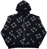90s streetwear Star Print Hooded Cardigan Zipper Loose Men's and Women's Fashion Brand Sweater Coat FN