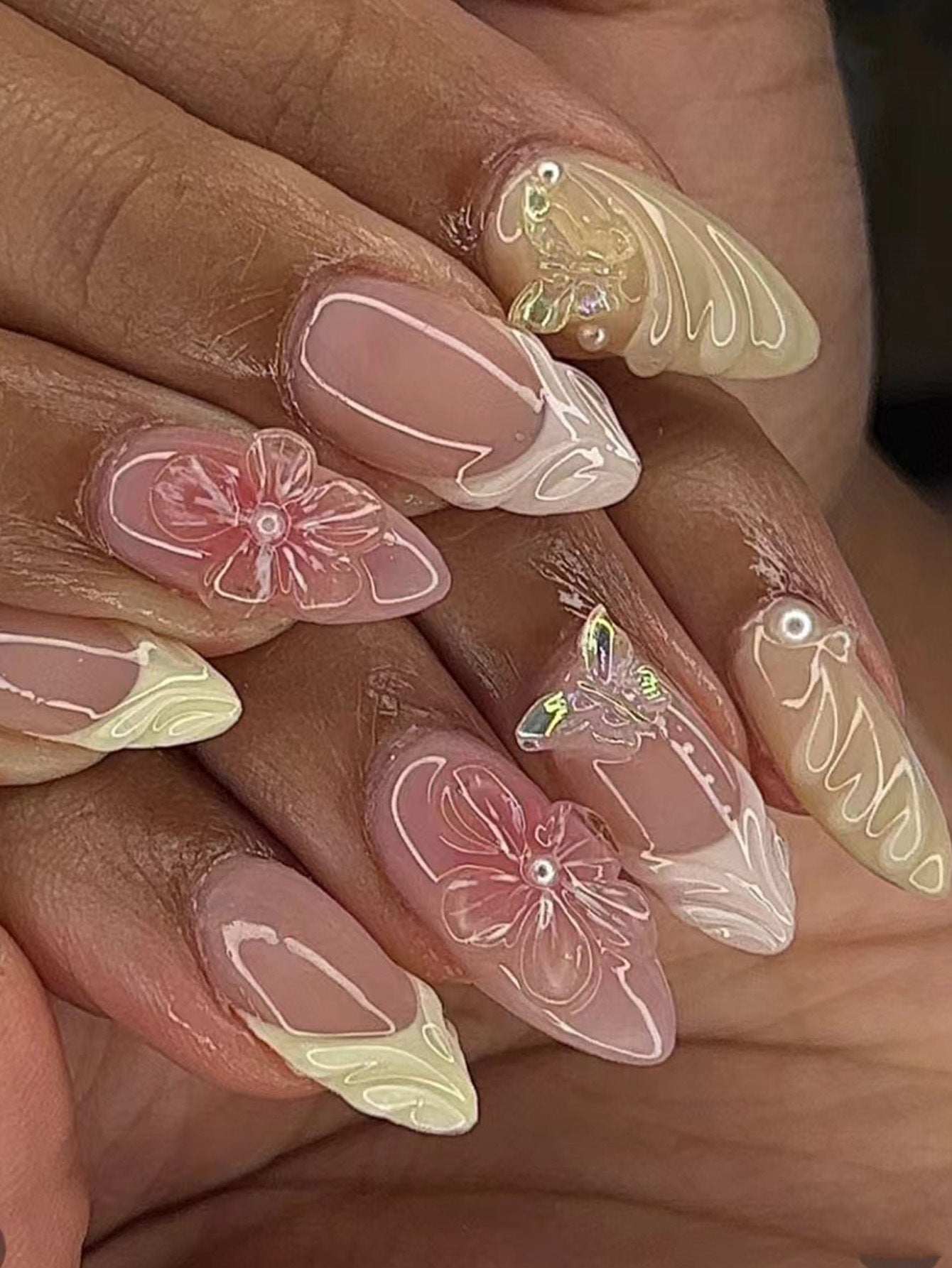 3D Floral & Butterfly Almond Press-On Nails