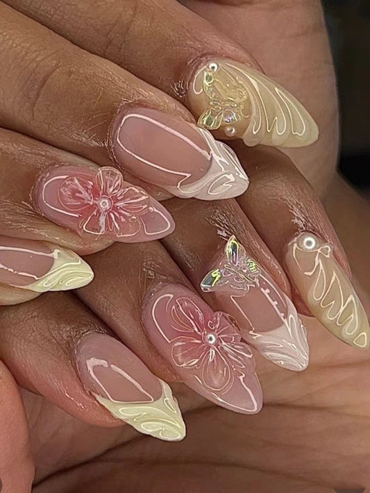 3D Floral & Butterfly Almond Press-On Nails