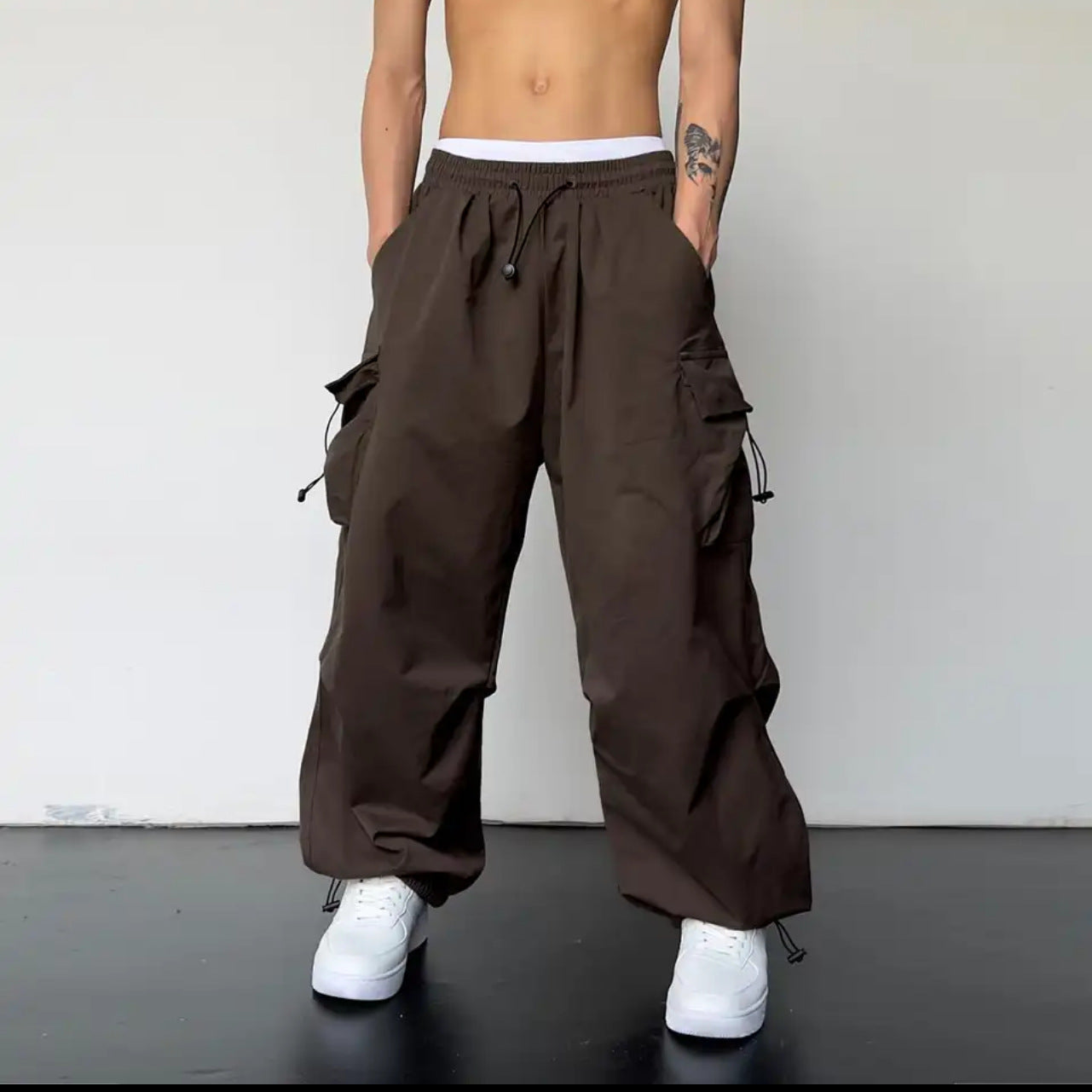 masc outfits American High Street Drawstring Overalls Trendy High Waist Loose All-Match Straight Couple Wide Leg Casual Trousers