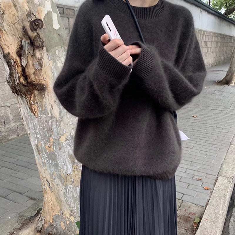 olivia rodrigo costume Women's Faux Mink Velvet Sweater Autumn and Winter Loose Soft Glutinous Lazy Wind Outerwear Mohair Sweater round Neck Top Thickened