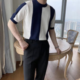 men fall outfits Fashionable New Striped Ice Silk Short-Sleeved T-shirt Casual Simple Slim Men's Top Clothes Trendy Sweater