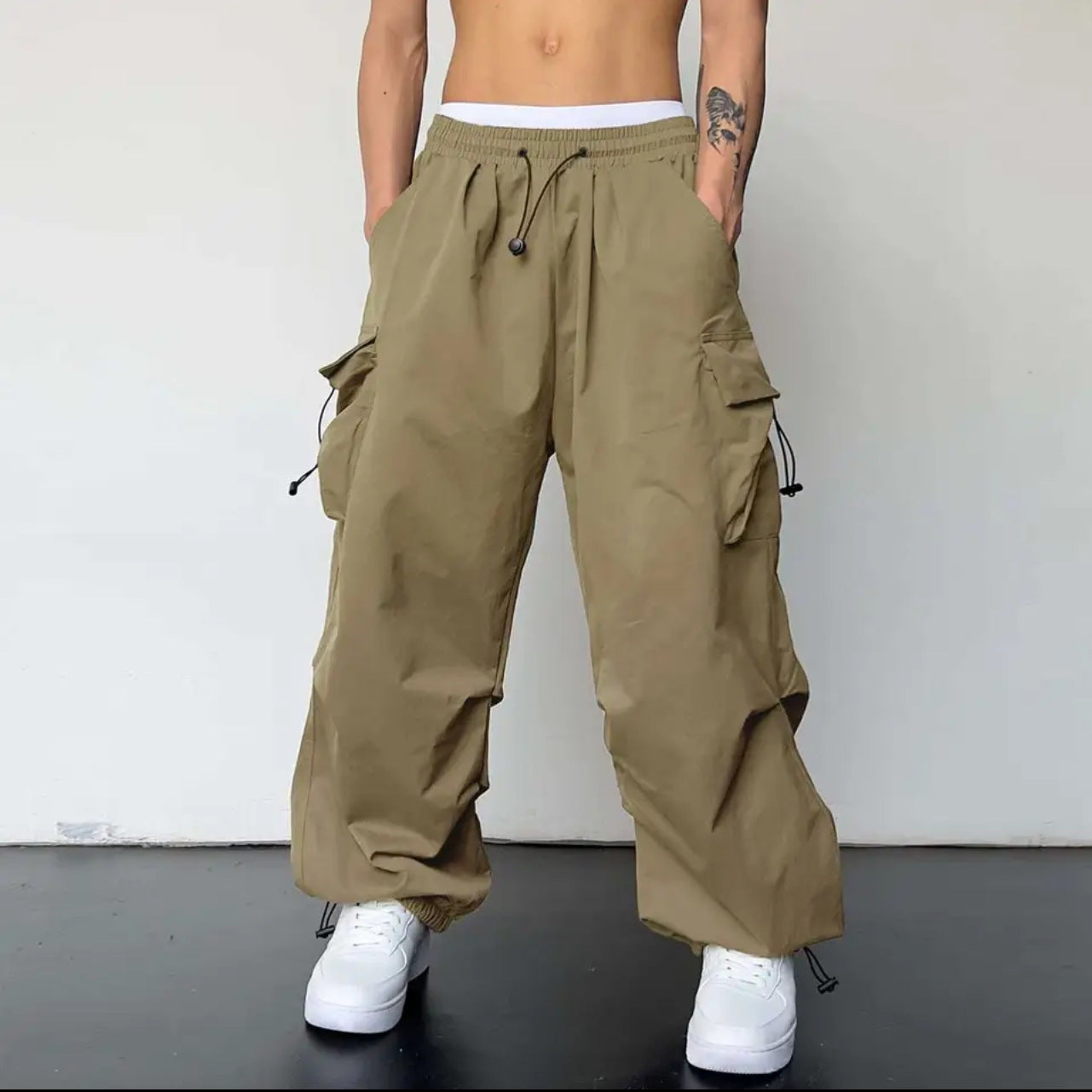 masc outfits American High Street Drawstring Overalls Trendy High Waist Loose All-Match Straight Couple Wide Leg Casual Trousers