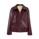moto jacket outfit Retro Motorcycle Style Wine Red Leather Coat for Women 2024 Autumn Fashionable Matte Leather Jacket Coat for Women