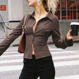2000s fashion Urban Style Polo Collar Buckle Striped Bell Sleeve Shirt Elegant Commuter Waist Slimming Versatile Short Top