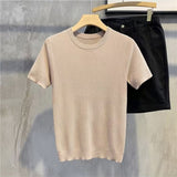 men fall outfits Fashionable New Striped Ice Silk Short-Sleeved T-shirt Casual Simple Slim Men's Top Clothes Trendy Sweater