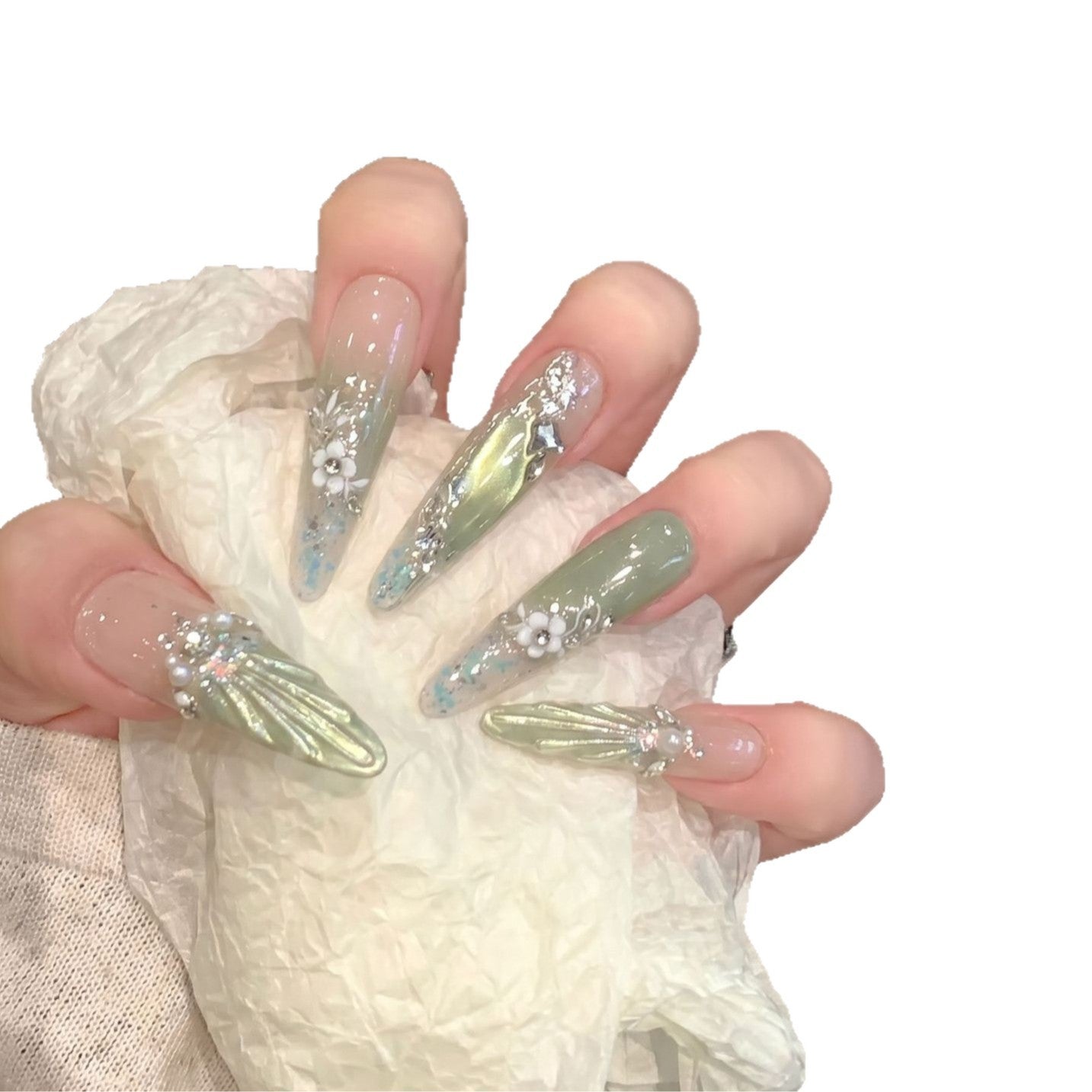 Starlight Greenery - Luxury Handmade Press-On Nails | Glossy Glass Cat-Eye French Glitter Fake Nails (10-Piece Set)
