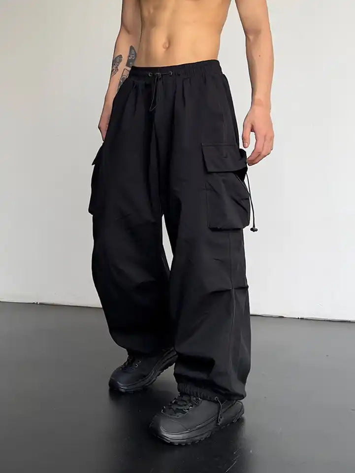 masc outfits American High Street Drawstring Overalls Trendy High Waist Loose All-Match Straight Couple Wide Leg Casual Trousers