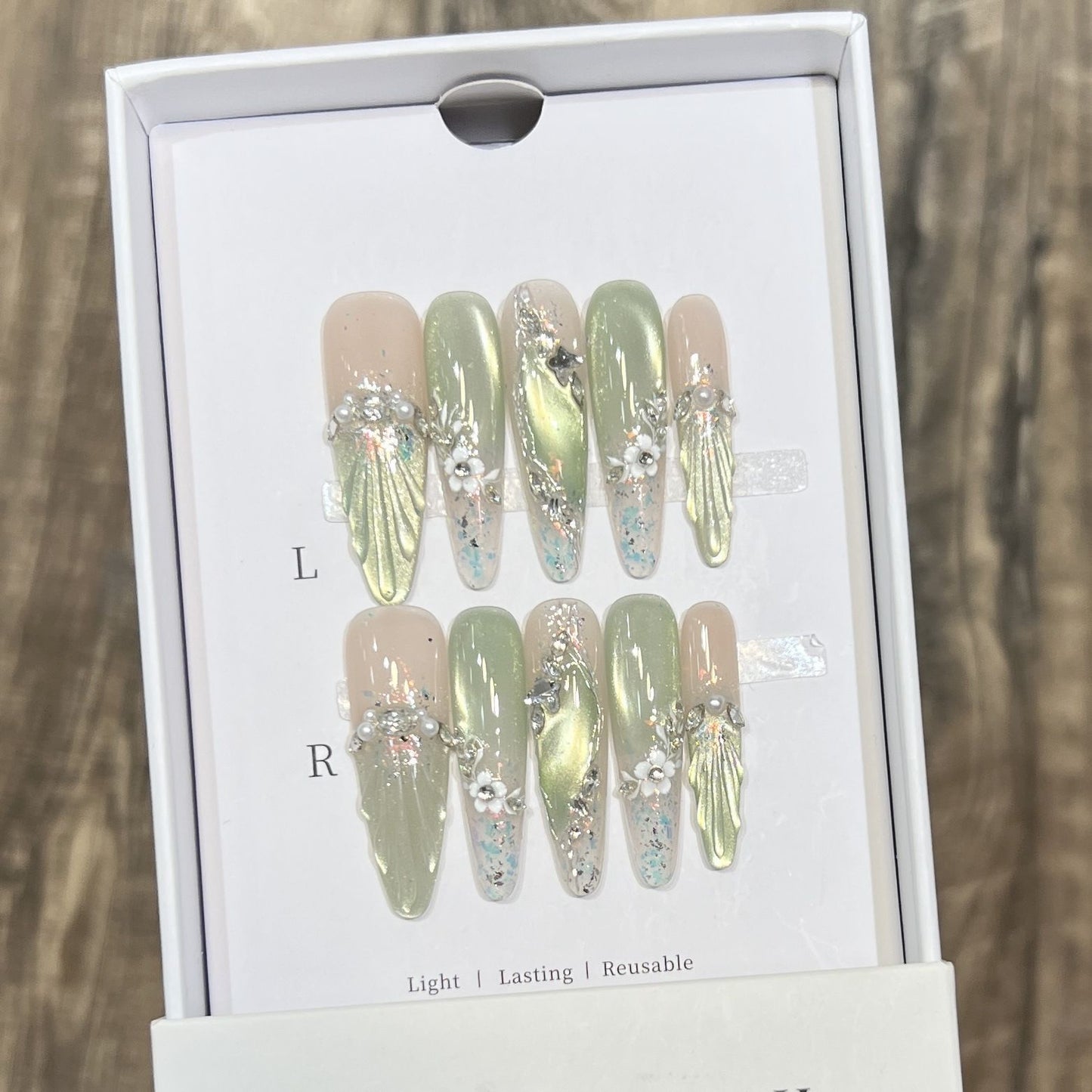 Starlight Greenery - Luxury Handmade Press-On Nails | Glossy Glass Cat-Eye French Glitter Fake Nails (10-Piece Set)
