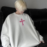 non binary outfits American Fashion Dark Style High Street Loose round Neck Sweater Design Cross Print Niche Pullover Top Clothes