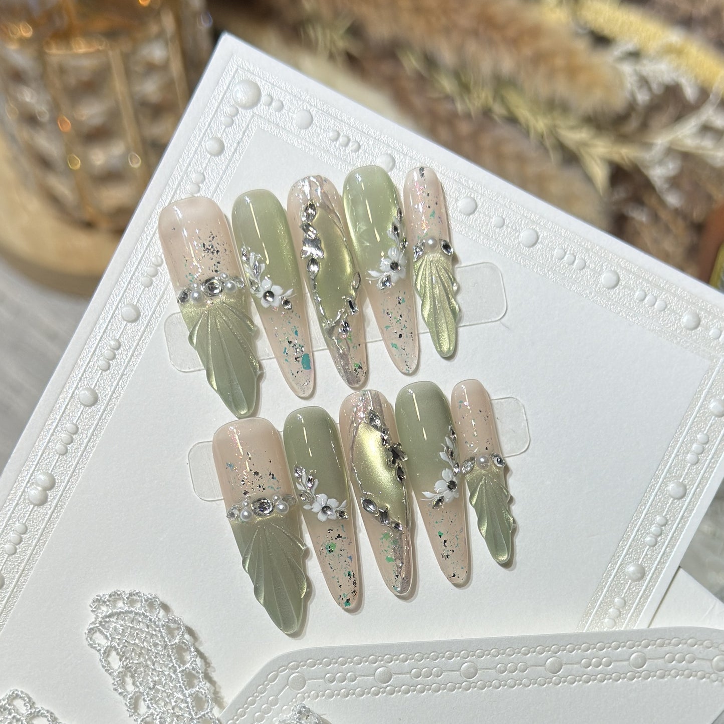 Starlight Greenery - Luxury Handmade Press-On Nails | Glossy Glass Cat-Eye French Glitter Fake Nails (10-Piece Set)