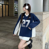 ins styles Street V-neck American Sports Contrast Color Sweater Spring and Autumn Women's Gray Stitching Letter Printed Elastic Top
