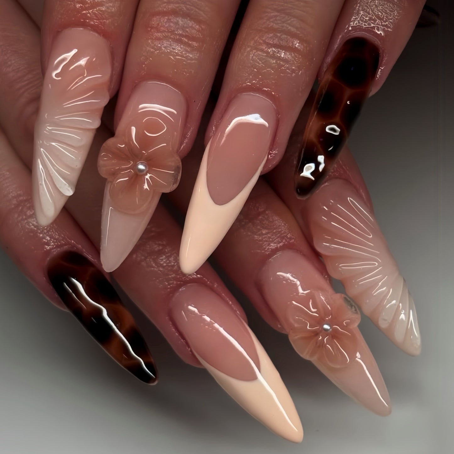 3D Floral & Butterfly Almond Press-On Nails