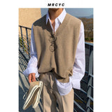 masc outfits Solid Color Knitted Vest Men's Spring and Autumn Korean Style Trendy Personalized V-neck Sweater Vest Outer Wear Loose Waistcoat