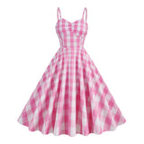 strawberry shortcake costume women Cosplay Hepburn Style Retro Fresh Holiday Barbie Pink Plaid Striped Sling High Waist Mid-Length Dress Cotton Hallowee
