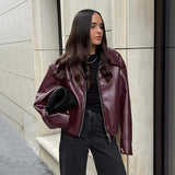 moto jacket outfit Retro Motorcycle Style Wine Red Leather Coat for Women 2024 Autumn Fashionable Matte Leather Jacket Coat for Women
