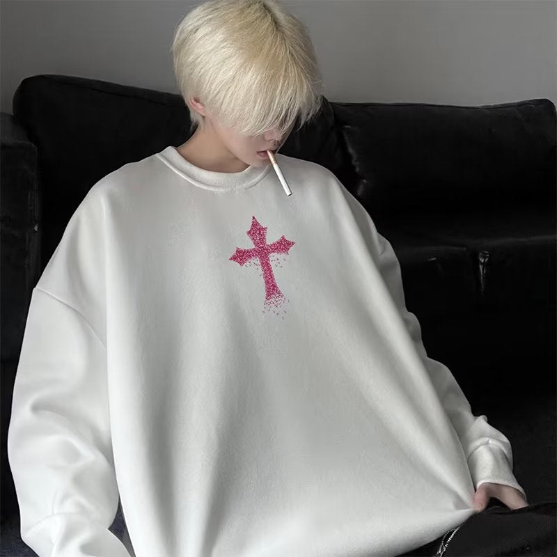 non binary outfits American Fashion Dark Style High Street Loose round Neck Sweater Design Cross Print Niche Pullover Top Clothes