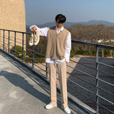 masc outfits Solid Color Knitted Vest Men's Spring and Autumn Korean Style Trendy Personalized V-neck Sweater Vest Outer Wear Loose Waistcoat