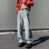 guys clothing styles American Retro Zipper Jeans Men's Autumn and Winter 2024 New Washed Straight Flared Pants High Street Vibe