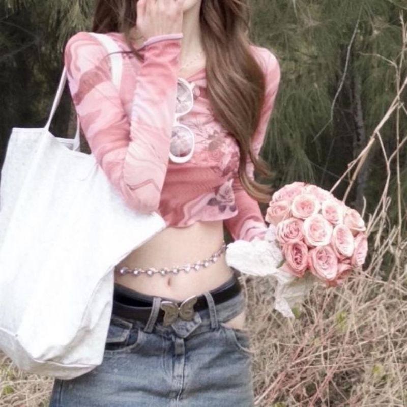 outfit ideas American Hot Girl Pink Tie-Dyed Mesh Long-Sleeved T-shirt Women's Summer New Sexy Waist-Exposed Short Bottoming Shirt Rose