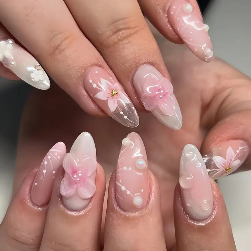 3D Floral & Butterfly Almond Press-On Nails