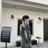 frat outfits American Style Waste Soil Denim Jacket Men's Japanese Retro Loose Straight Washed Distressed Denim Trousers Suit