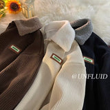 fall outfits men Corduroy Polo Collar Sweater Men's Winter New Fleece-lined Thickened Lamb Wool Coat Men's Winter Hong Kong Style Teenagers