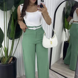 business casual women outfits chic Solid Color Square Collar Sling Simple Elegant Top with High Waist Wide Leg Straight Trousers Two-Piece Set